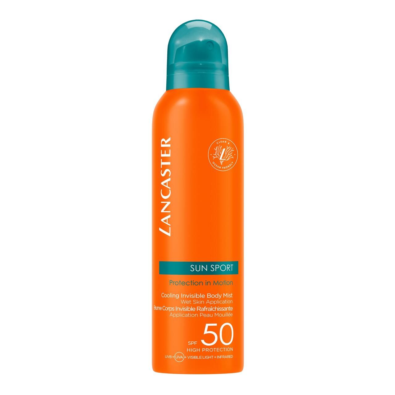 Orangefarbene Sprühflasche mit blauem Deckel. Text: LANCASTER, SUN SPORT, SPF 50. Kühlendes, unsichtbares Körperspray.