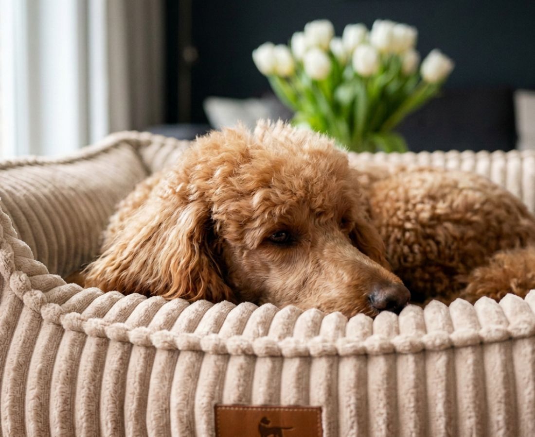 Pudel liegt entspannt in einem beigen Cord-Hundebett mit erhöhtem Rand. Blumen im Hintergrund.