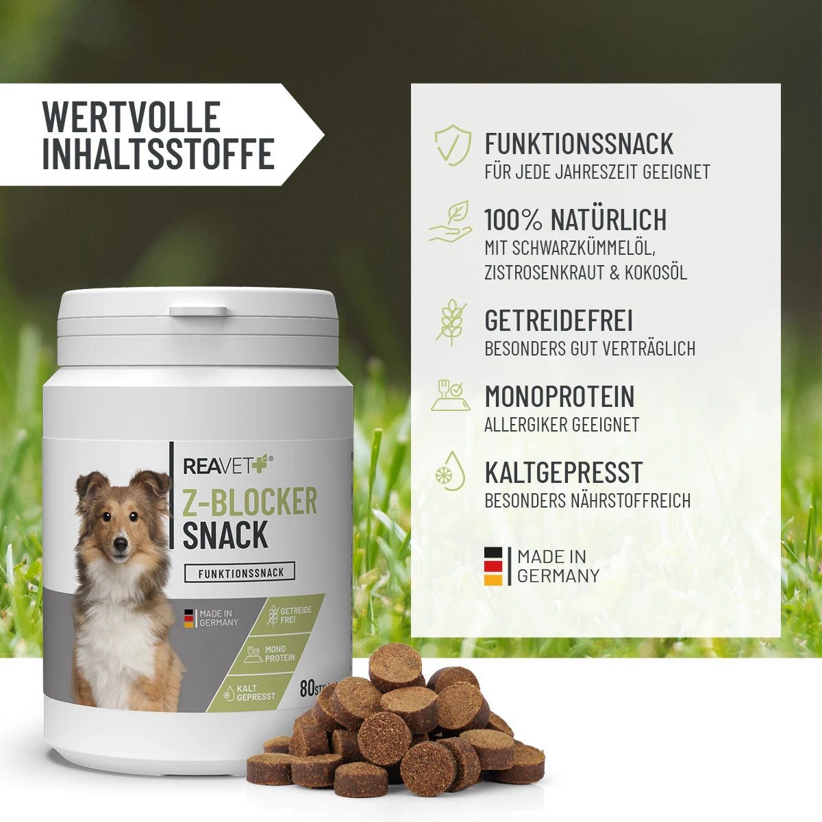 Weiße Dose mit Aufschrift "ReaVET Z-Blocker Snack". Daneben braune Snacks. Text: "Wertvolle Inhaltsstoffe", "Made in Germany".