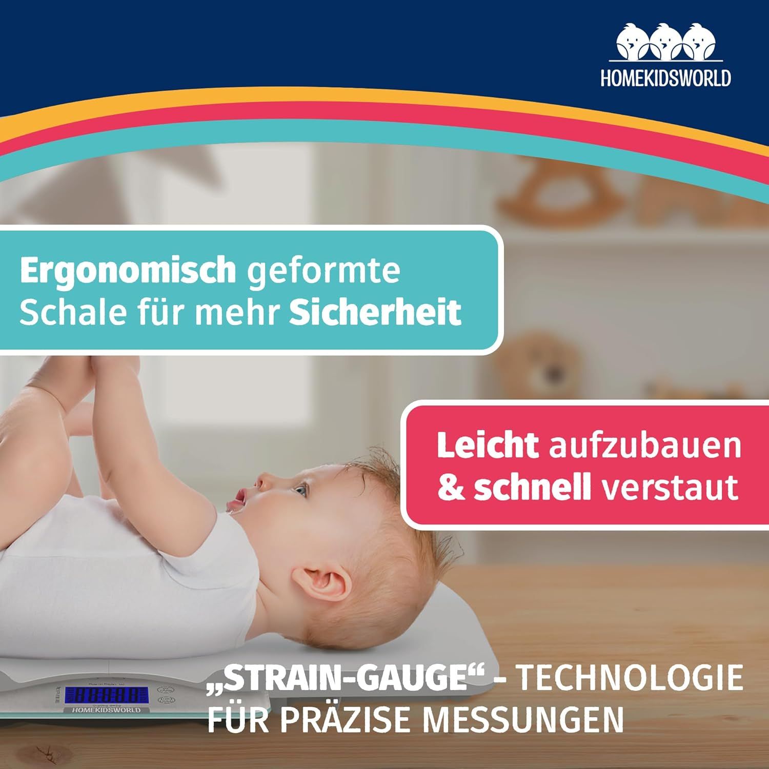 Baby auf Waage. Ergonomisch geformte Schale. Leicht aufzubauen. Strain-Gauge-Technologie. Digitales Display.