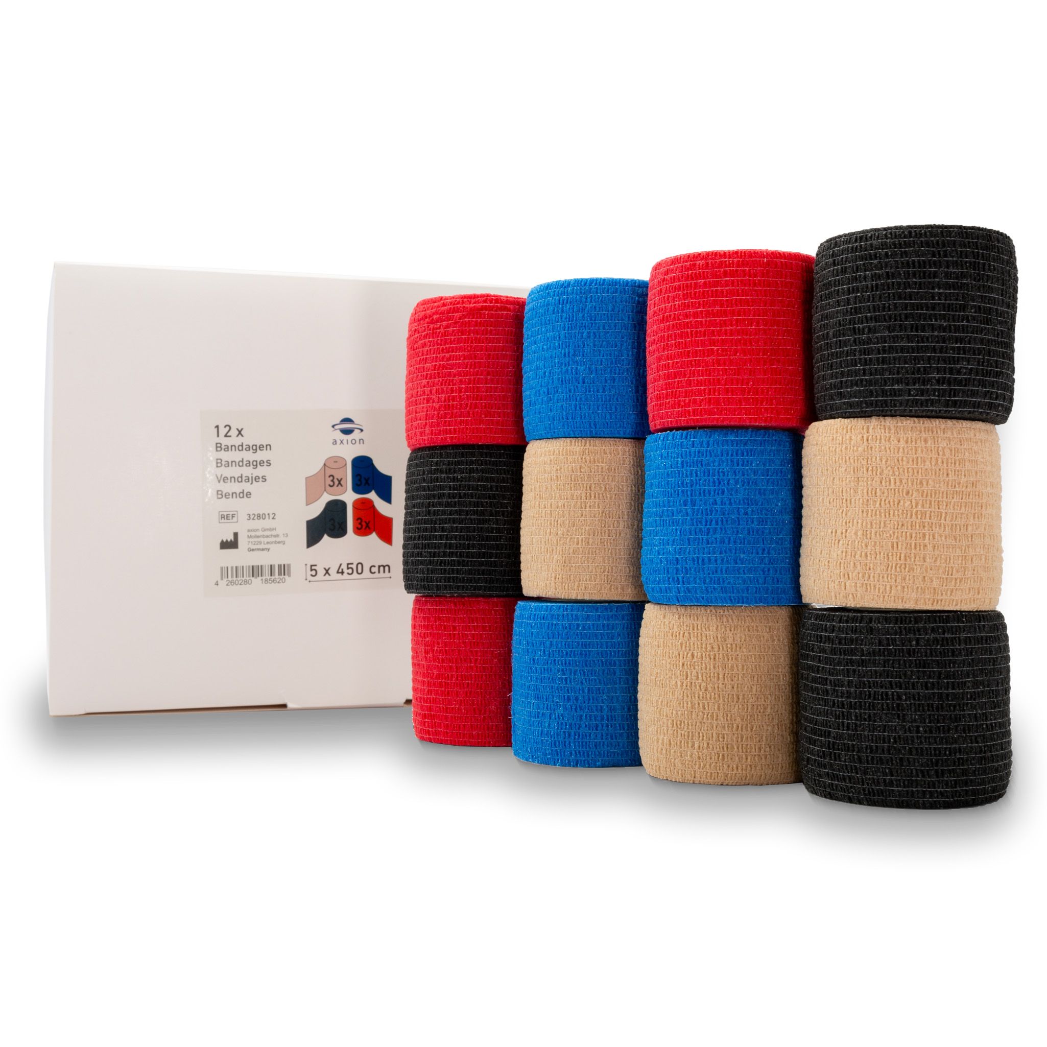 Set zelfklevende bandages in rood, blauw, beige en zwart. 5 cm breed. 12 stuks in doos.