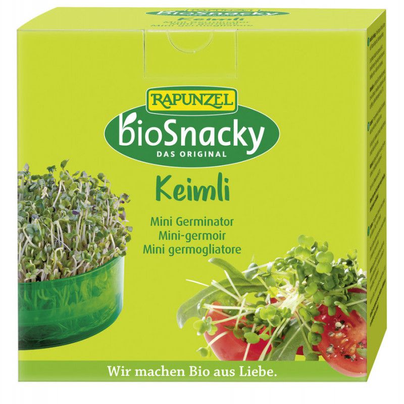 Grüne Rapunzel bioSnacky Keimlinge in grüner Schachtel. Text: Mini Germinator, Wir machen Bio aus Liebe.
