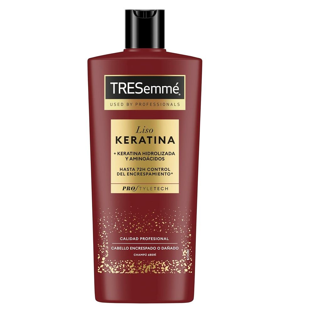 Rote Shampoo-Flasche mit schwarzem Deckel. Aufschrift: TRESemmé Liso Keratina. Für glattes Haar. Professionelle Qualität.