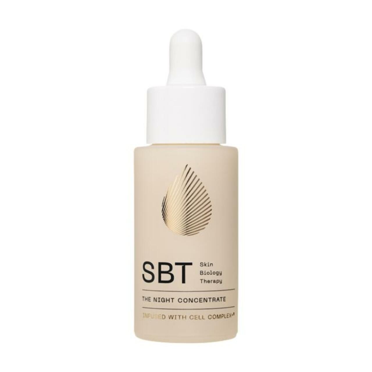 Beige Flasche mit Pipette. Aufschrift: SBT, The Night Concentrate. Tropfen-Logo. Skin Biology Therapy.