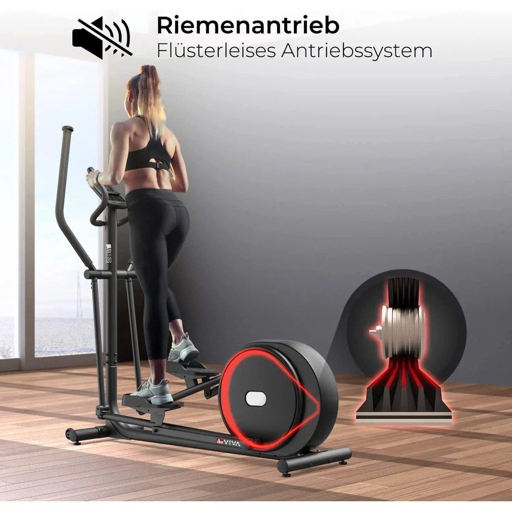 Crosstrainer mit Riemenantrieb für leisen Betrieb, beleuchtetem Schwungrad.