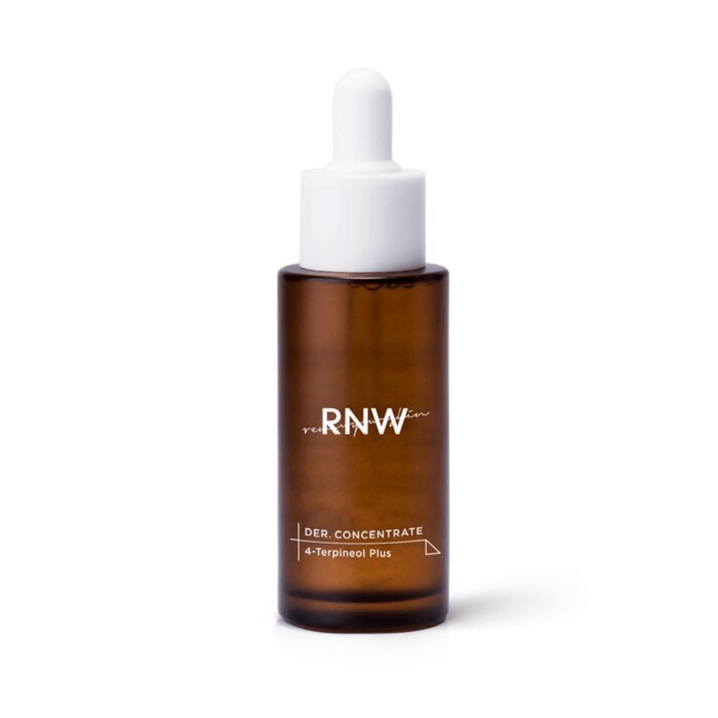Braune Glasflasche mit weißem Tropfer. Aufschrift "RNW" und "DER. CONCENTRATE 4-Terpineol Plus".