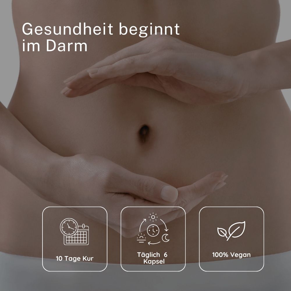 Bauch einer Person mit Händen, die den Bauch umfassen. Text: Gesundheit beginnt im Darm. Icons: 10-Tage-Kur, 6 Kapseln täglich, 100% vegan.