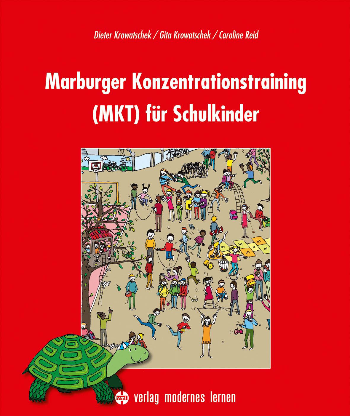 Buchcover: Marburger Konzentrationstraining (MKT) für Schulkinder. Roter Hintergrund, Illustration von Kindern beim Spielen.