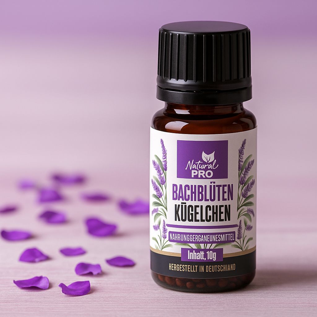 Braune Flasche mit schwarzem Deckel. Etikett mit Produktname und Lavendel-Illustration. Inhalt: 10g.