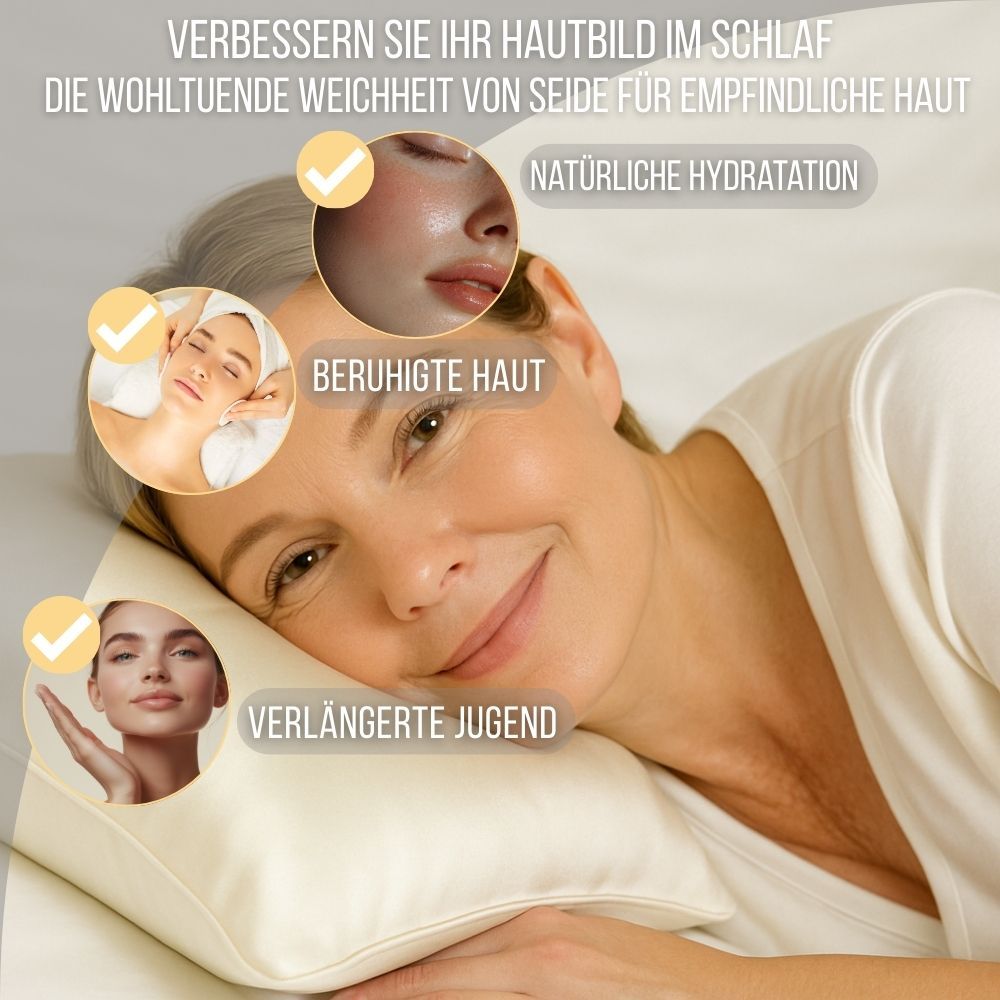 Frau liegt auf einem Kissen. Auf dem Kissen sind Kreise mit Texten: Haut, Jugend, Feuchtigkeit.