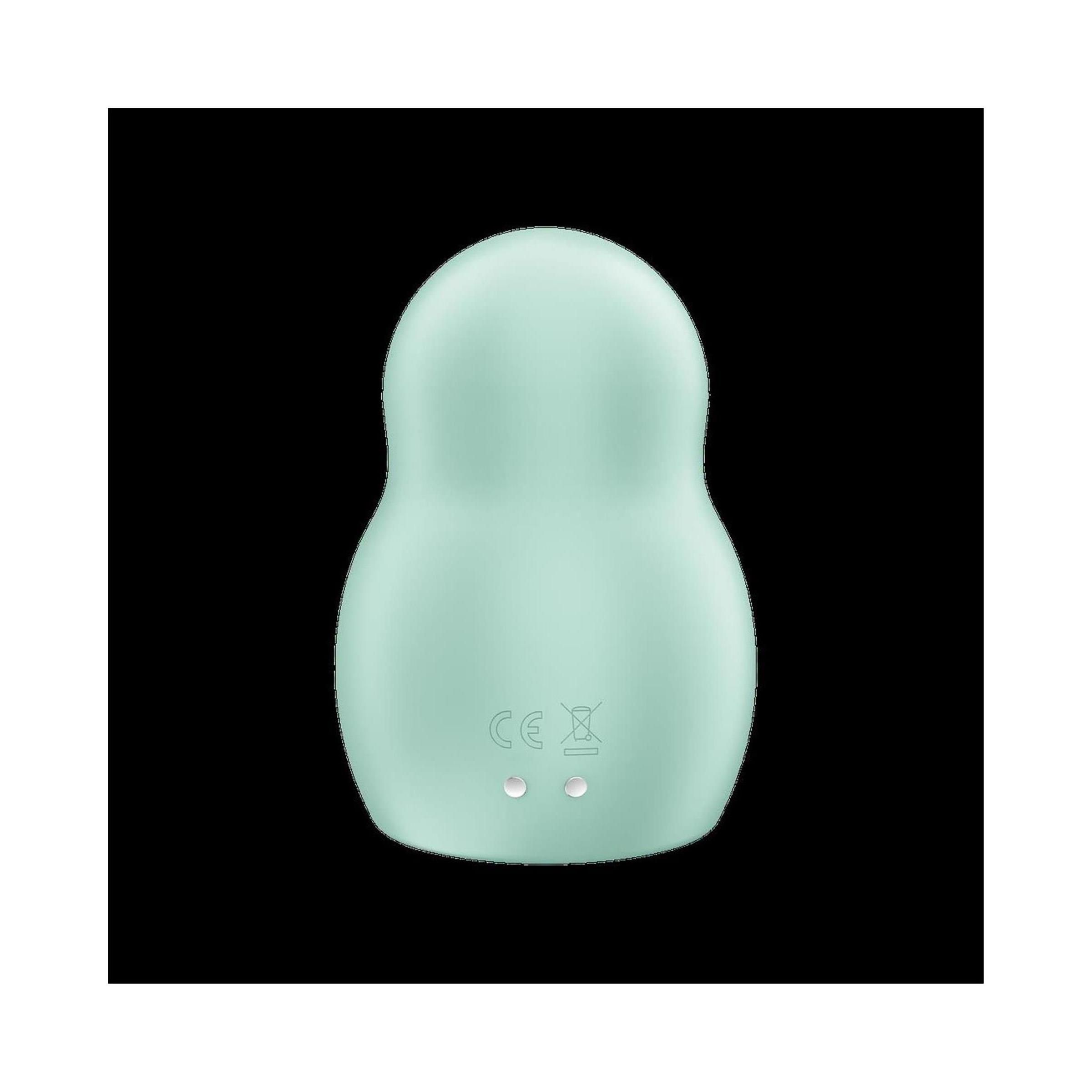 Rückseite des hellgrünen, eiförmigen Vibrators. CE-Kennzeichnung und zwei Knöpfe.