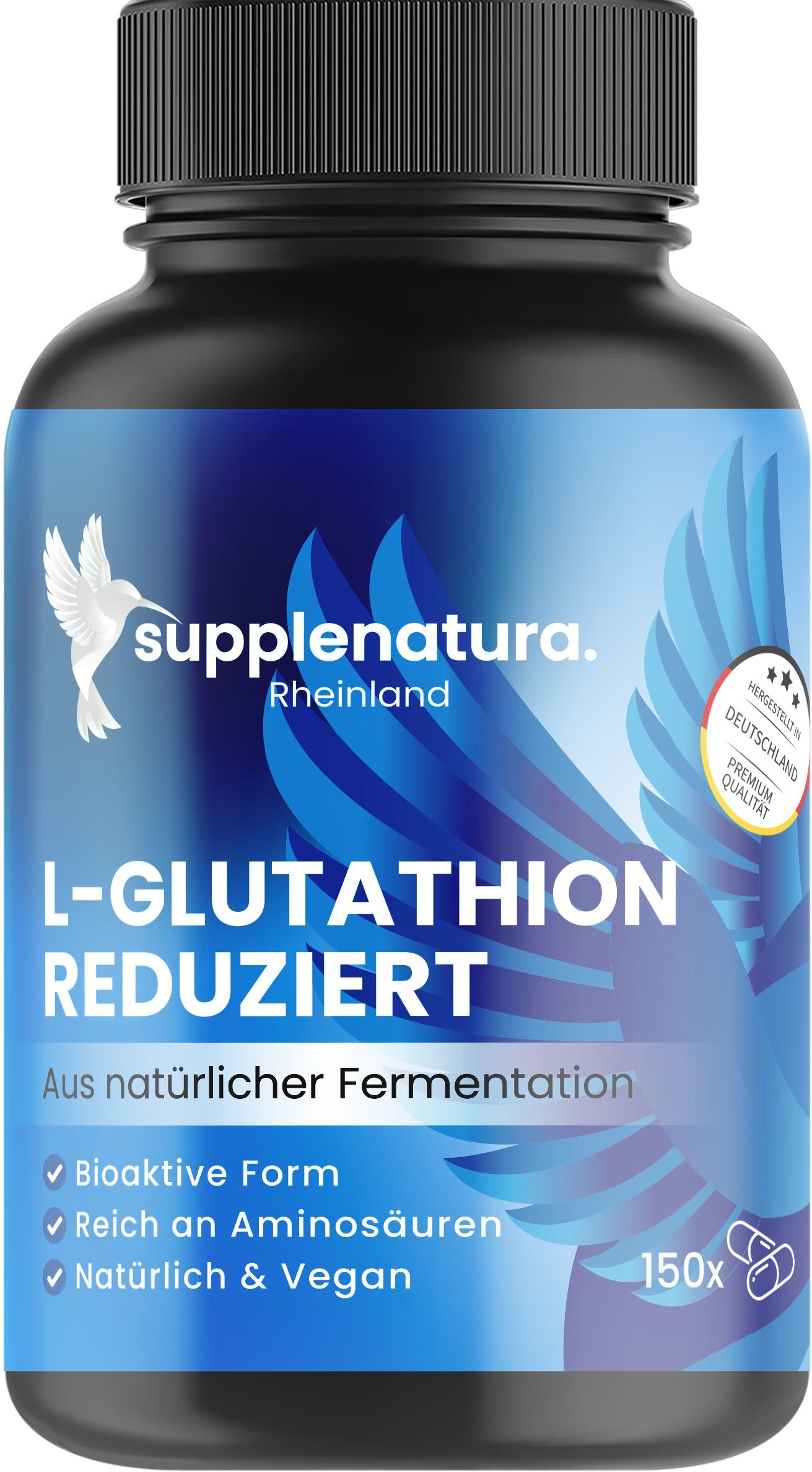 Schwarze Flasche mit blauer Etikett. Enthält L-Glutathion Kapseln. Text: supplenatura Rheinland, L-Glutathion reduziert, 150x.