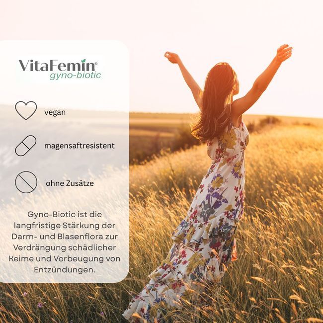 Frau im goldenen Sonnenlicht. VitaFemin gyno-biotic ist vegan, magensaftresistent und ohne Zusätze.