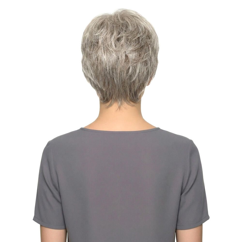 Kurzhaarperücke, graues Haar, Rückansicht. Die Perücke bedeckt den Kopf.