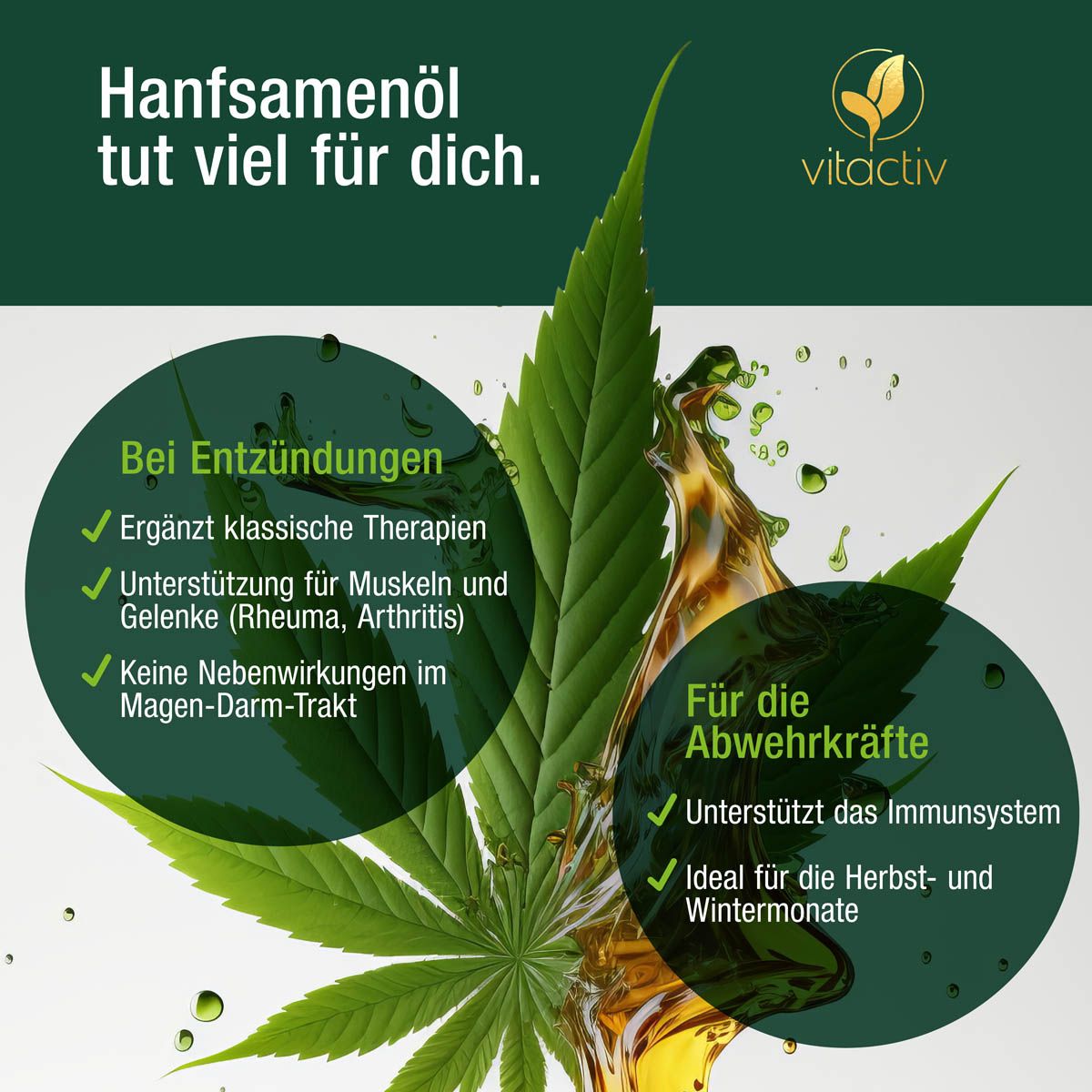 Grünes Blatt mit Hanföl. Text: Hanfsamenöl tut viel für dich. Bei Entzündungen, für Muskeln und Gelenke, keine Nebenwirkungen. Für die Abwehrkräfte.