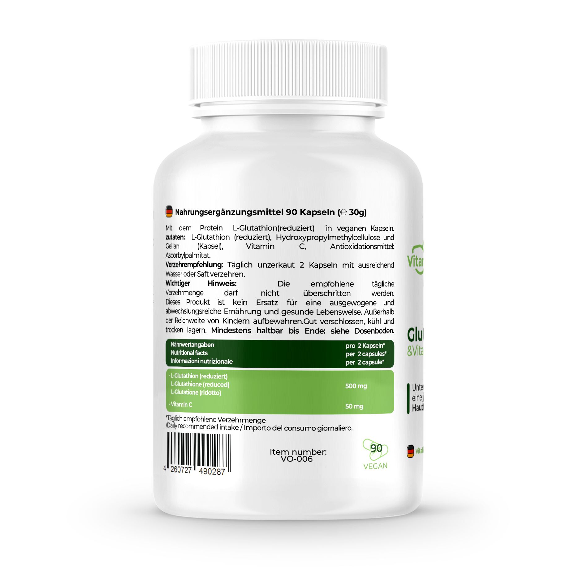 Rückseite einer weißen Flasche mit Kapseln. Aufschrift: Nahrungsergänzungsmittel. Enthält L-Glutathion, Vitamin C. 90 Kapseln.
