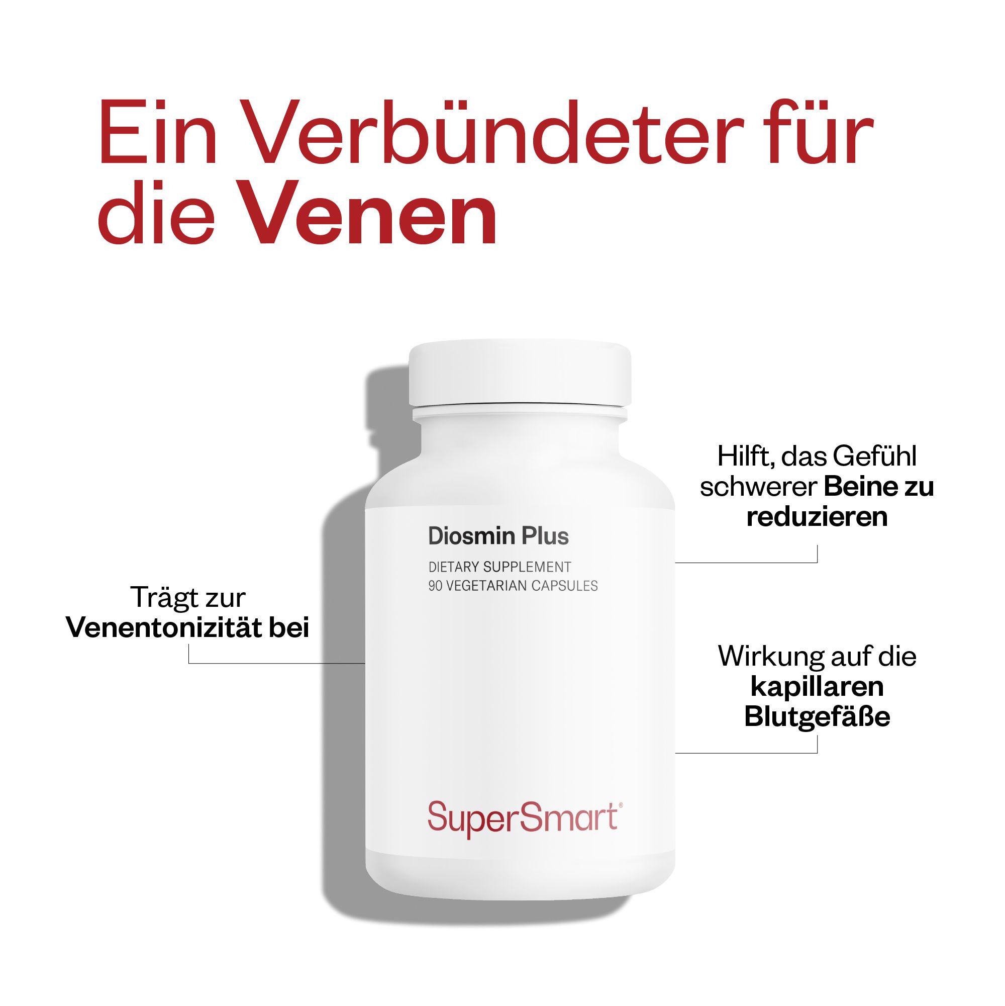 Weiße Flasche mit Diosmin Plus. Text: 90 vegetarische Kapseln. SuperSmart-Logo. Zusätzliche Textfelder mit Pfeilen.