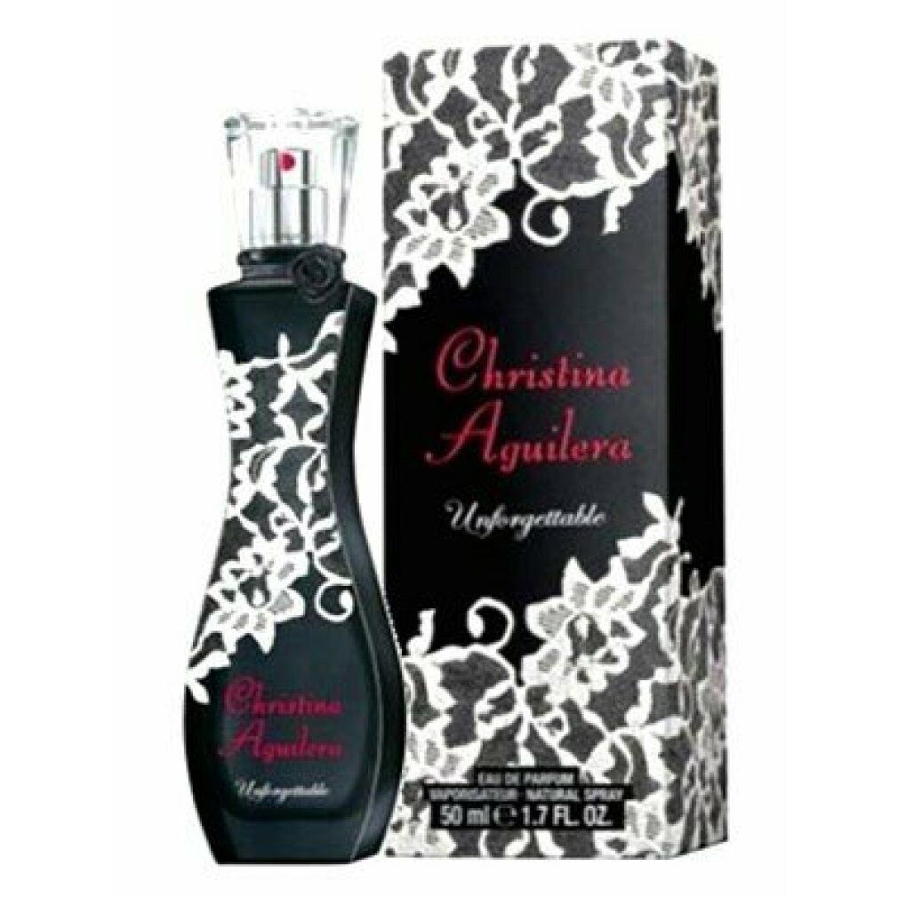 Schwarzer Flakon mit Spitze und Karton. Aufschrift: Christina Aguilera Unforgettable. 50 ml.