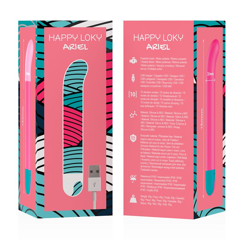 Verpackung von "HAPPY LOKY ARIEL". Box mit Produktabbildung, Produktinformationen und USB-Kabel.