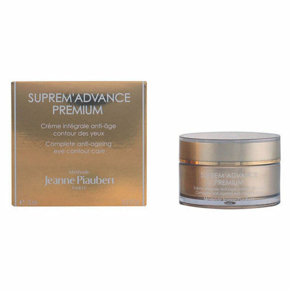 Goldfarbene Faltschachtel und Tiegel. Aufschrift: Suprem'Advance Premium, Crème intégrale anti-âge contour des yeux, Jeanne Piaubert.
