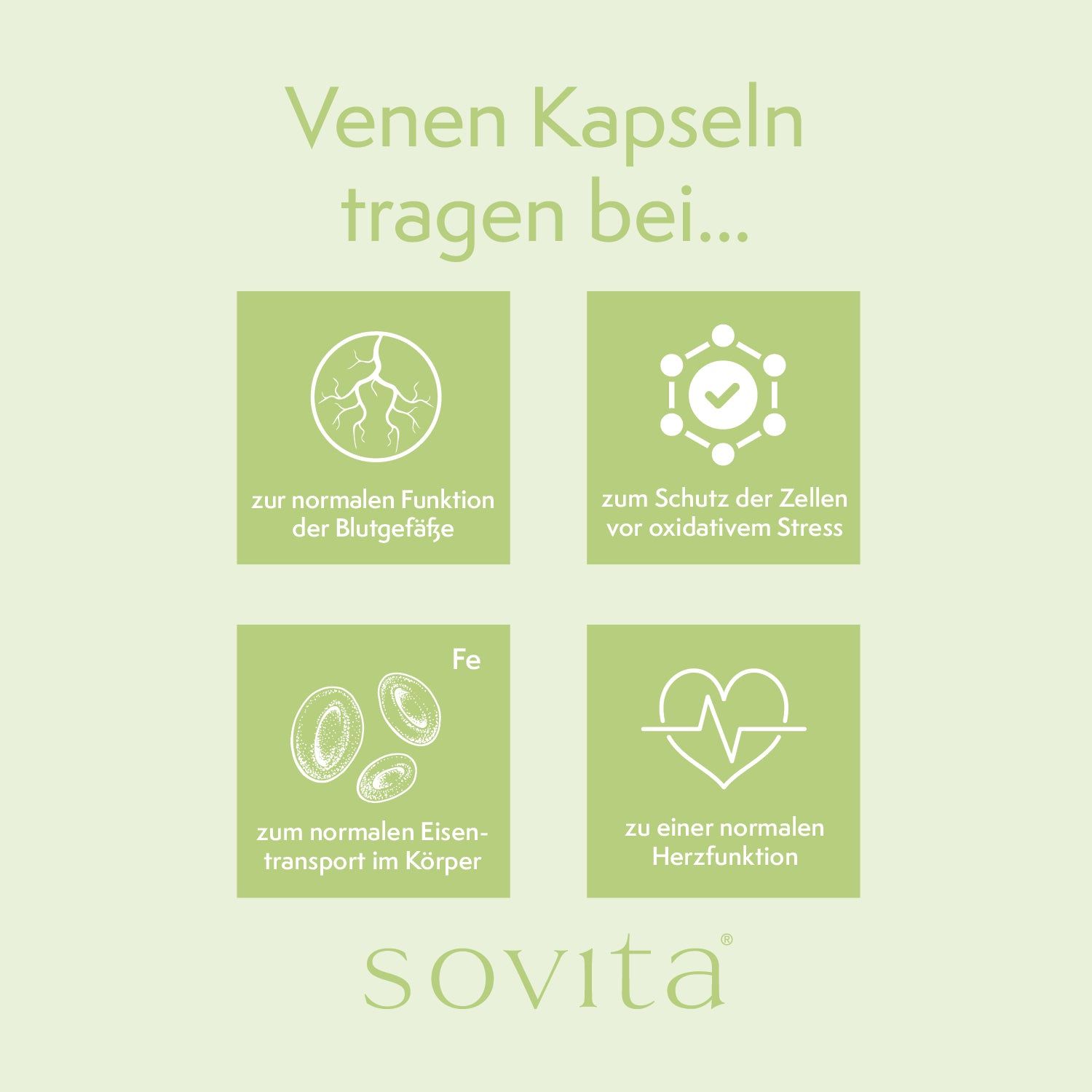 Vier grüne Quadrate mit Icons und Text: Gefäßfunktion, Zellschutz, Eisentransport, Herzfunktion. Sovita-Logo.