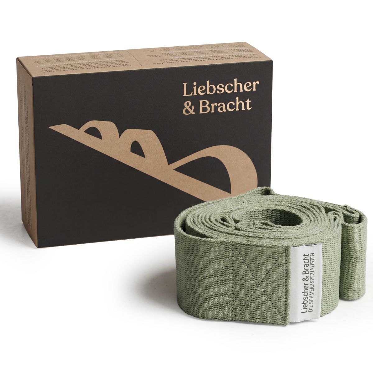 Hellgrünes Baumwollband mit Schlaufen neben einer offenen, dunkelgrauen Produktverpackung.