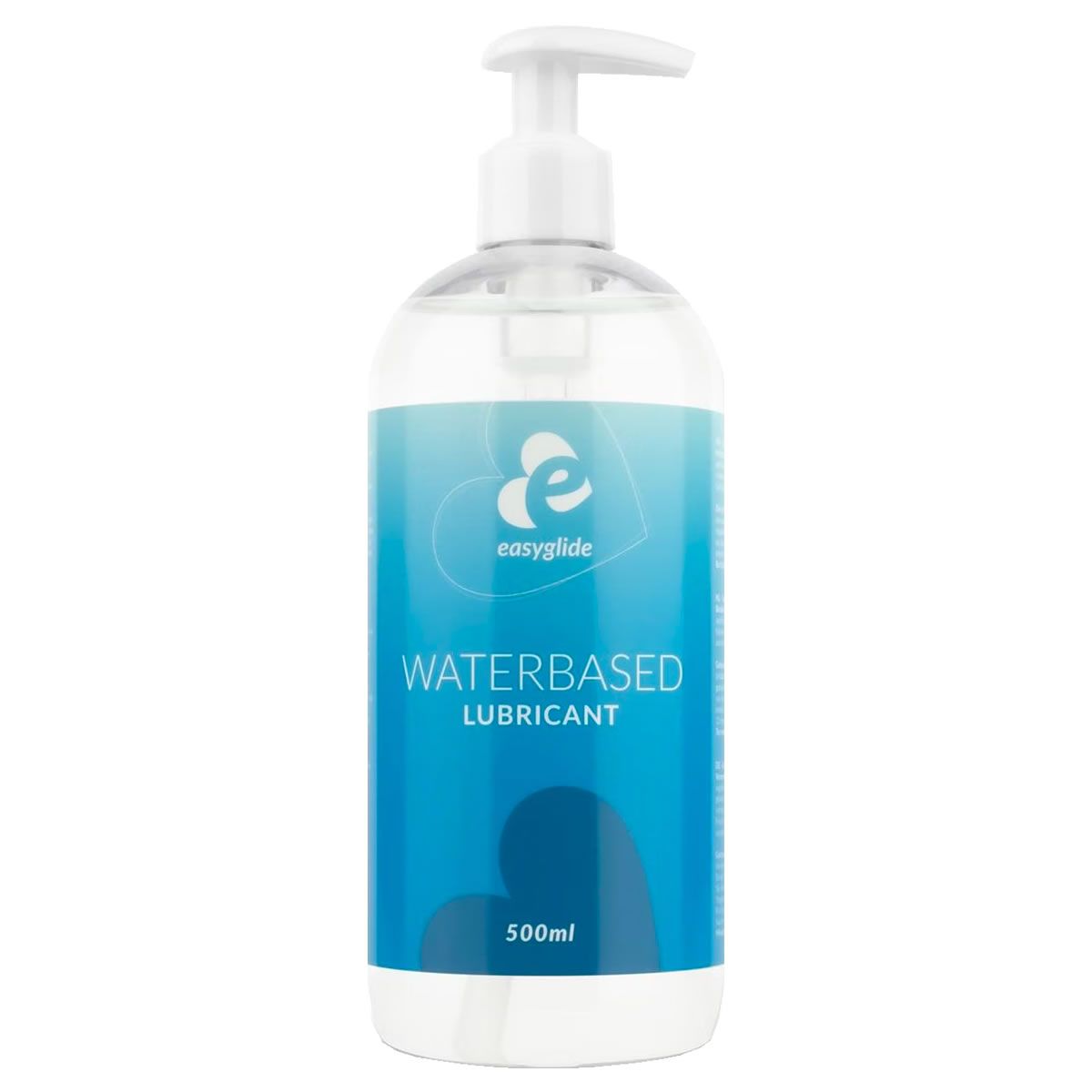 Transparente Flasche mit blauem Etikett. Aufschrift: WATERBASED LUBRICANT. Mit Dosierpumpe.