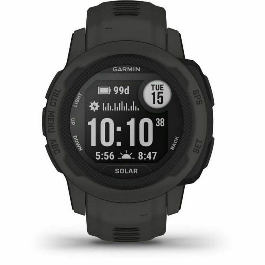 Schwarze Smartwatch mit Garmin-Logo. Zeigt Uhrzeit, Datum und Batteriestatus an. Solar-Funktion.