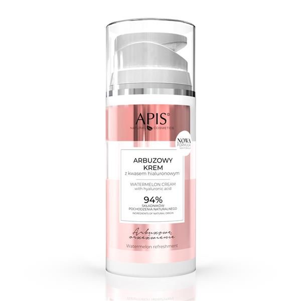 Gesichtscreme-Flakon mit Spender. Rosa-weißes Design. Aufschrift: APIS, ARBUZOWY KREM, WATERMELON CREAM. 94% Inhaltsstoffe natürlichen Ursprungs.