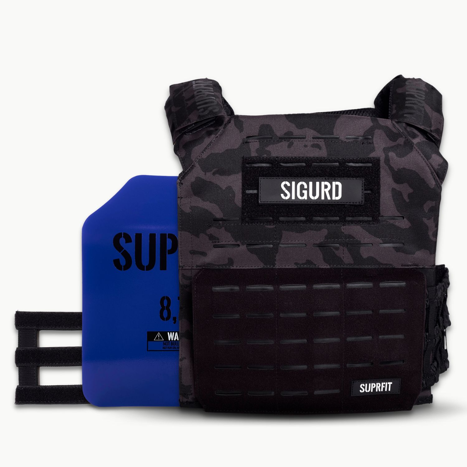 Gewichtsweste mit Camouflage-Muster und blauer Platte. Aufschrift "SIGURD" und "SUPRfit".