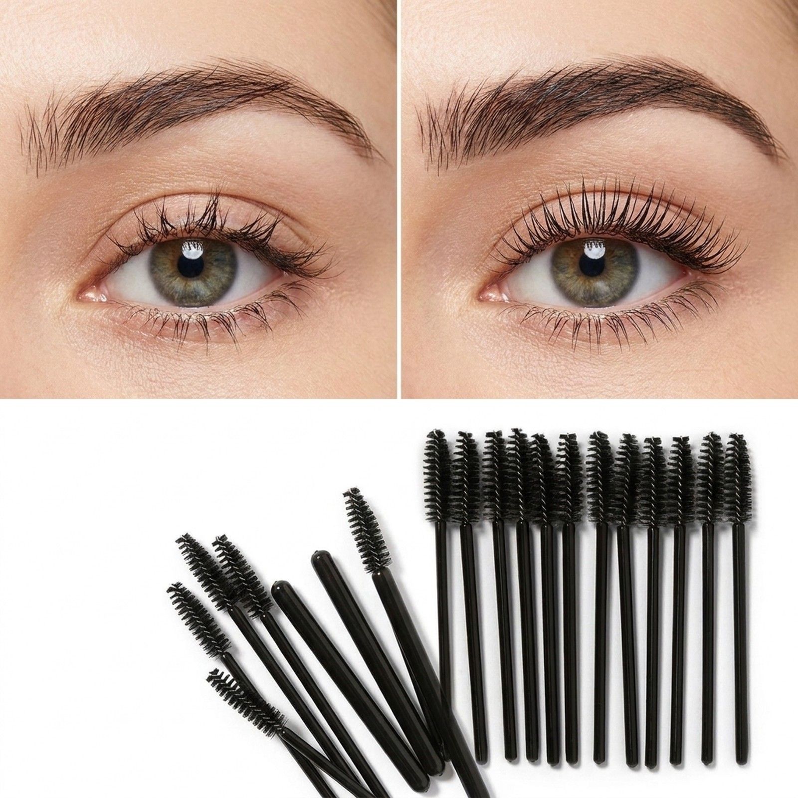 Vorher-Nachher-Vergleich von Wimpern, daneben eine Gruppe von Wimpernbürsten.