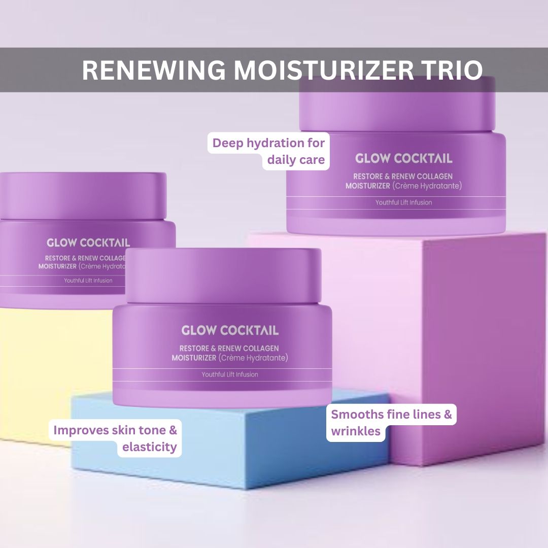 Drei lila Tiegel. Aufschrift: Glow Cocktail, Restore & Renew Collagen Moisturizer (Crème Hydratante). Text: Renewing Moisturizer Trio.