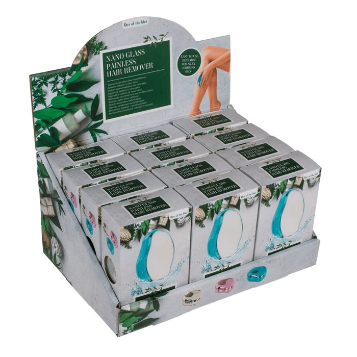 Displaybox mit mehreren Haarentfernern. Text: Nano Glass Painless Hair Remover.
