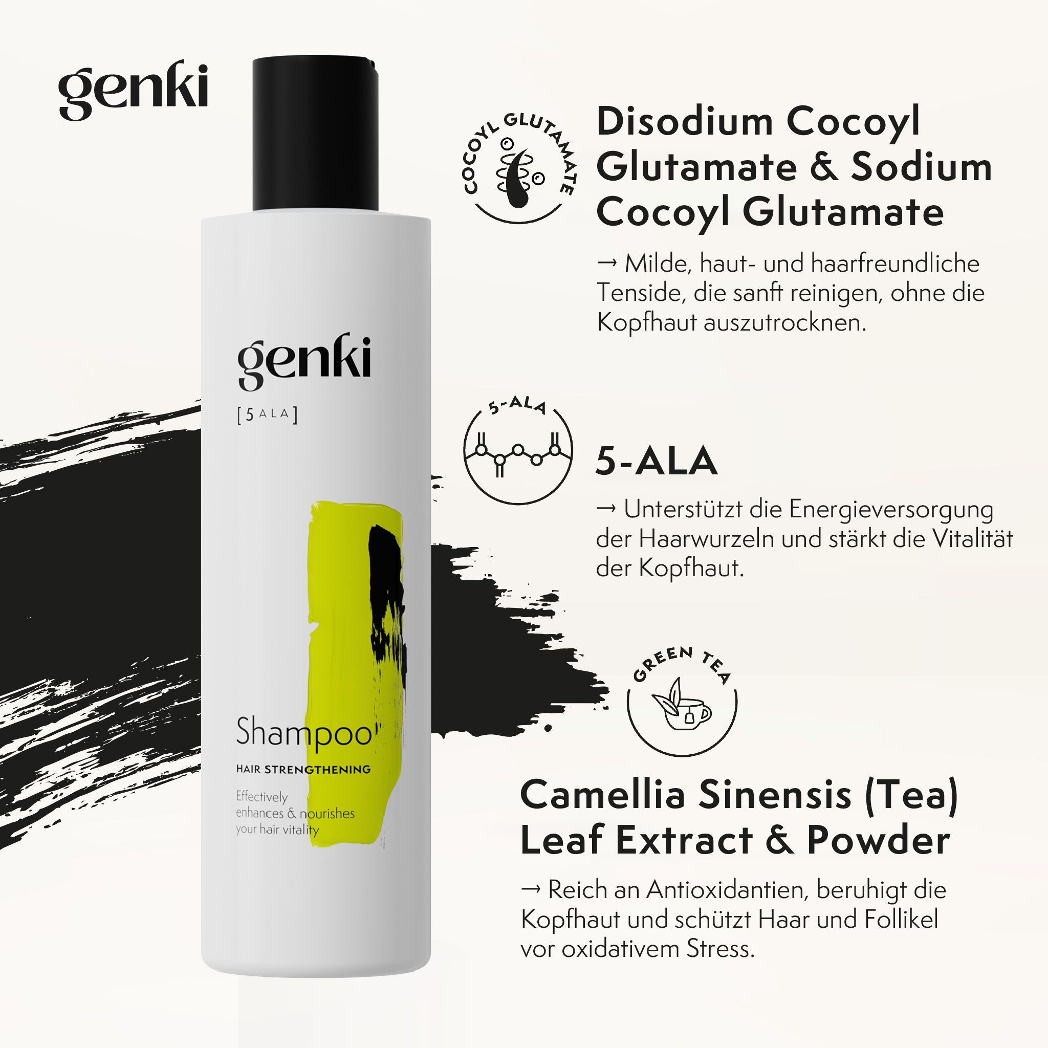 Shampoo-Flasche mit Text. Inhaltsstoffe: Disodium Cocoyl Glutamate, 5-ALA, Grüner Tee. Genki-Logo. Produktinformationen.