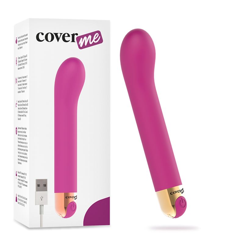 Pinkfarbener Vibrator mit goldfarbenem Ende und Verpackung. Sichtbar ist der Markenname. USB-Kabel.