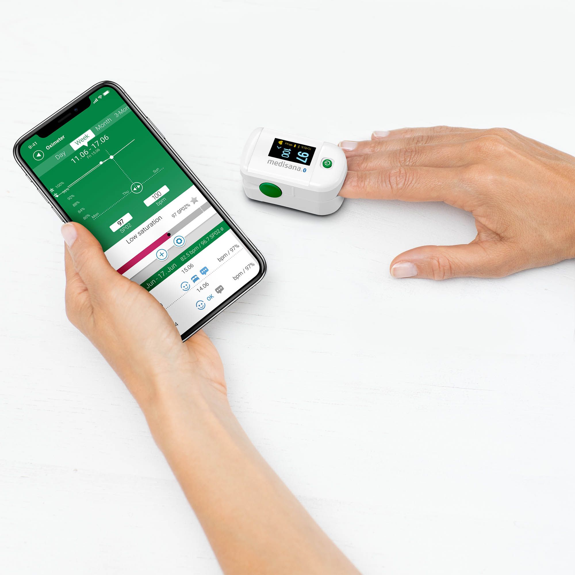 medisana PM 100 connect Pulsoximeter mit One-Touch Bedienung mit VitaDock+ App und Bluetooth