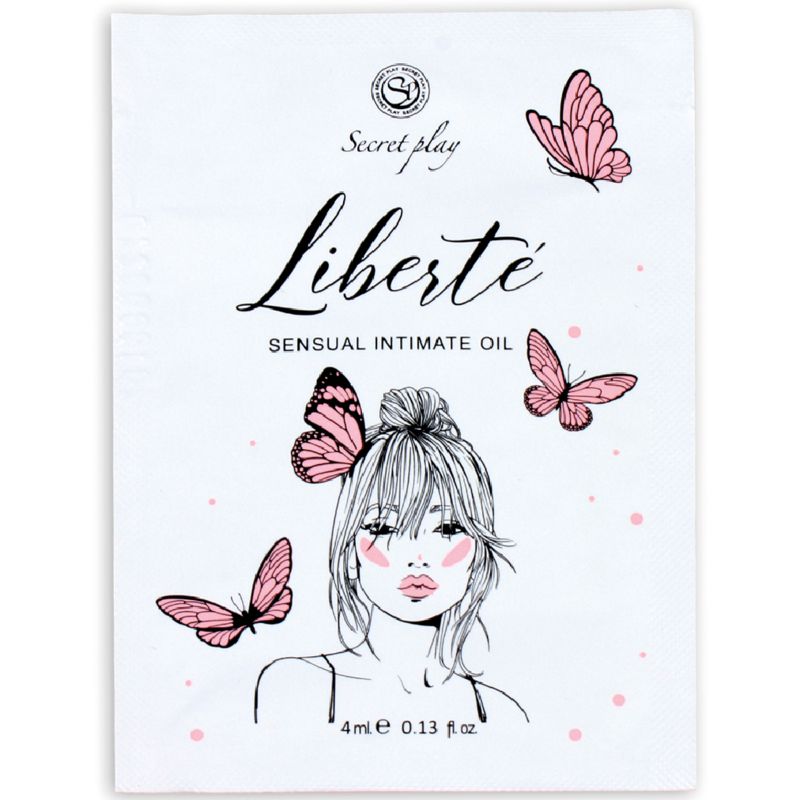 Kleine, weiße Verpackung mit Illustration. Schriftzug "Liberté" und "Sensual Intimate Oil". 4 ml.