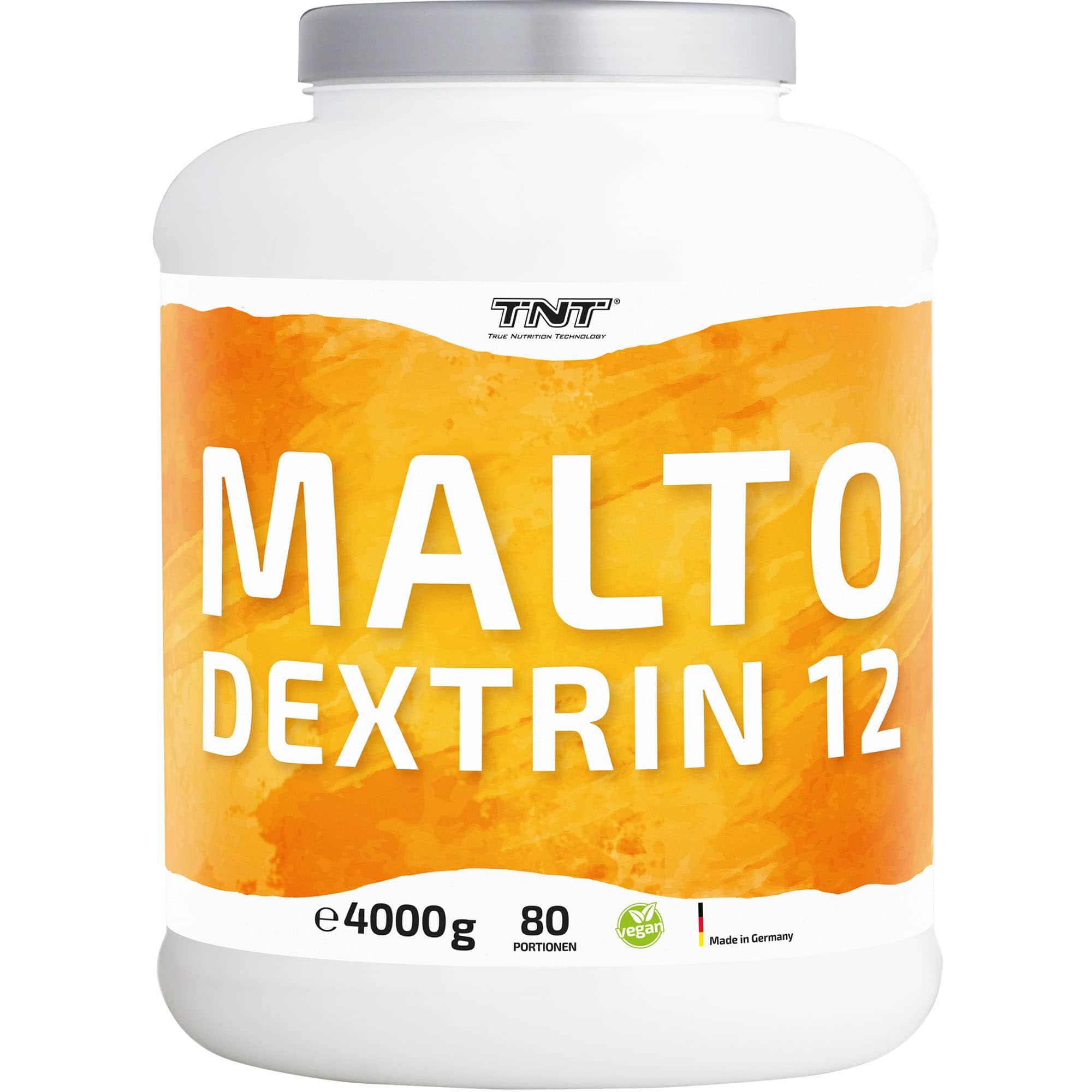 Weißes Pulver in Dose. Aufschrift: MALTO DEXTRIN 12, e4000g, 80 Portionen. Logo: TNT.