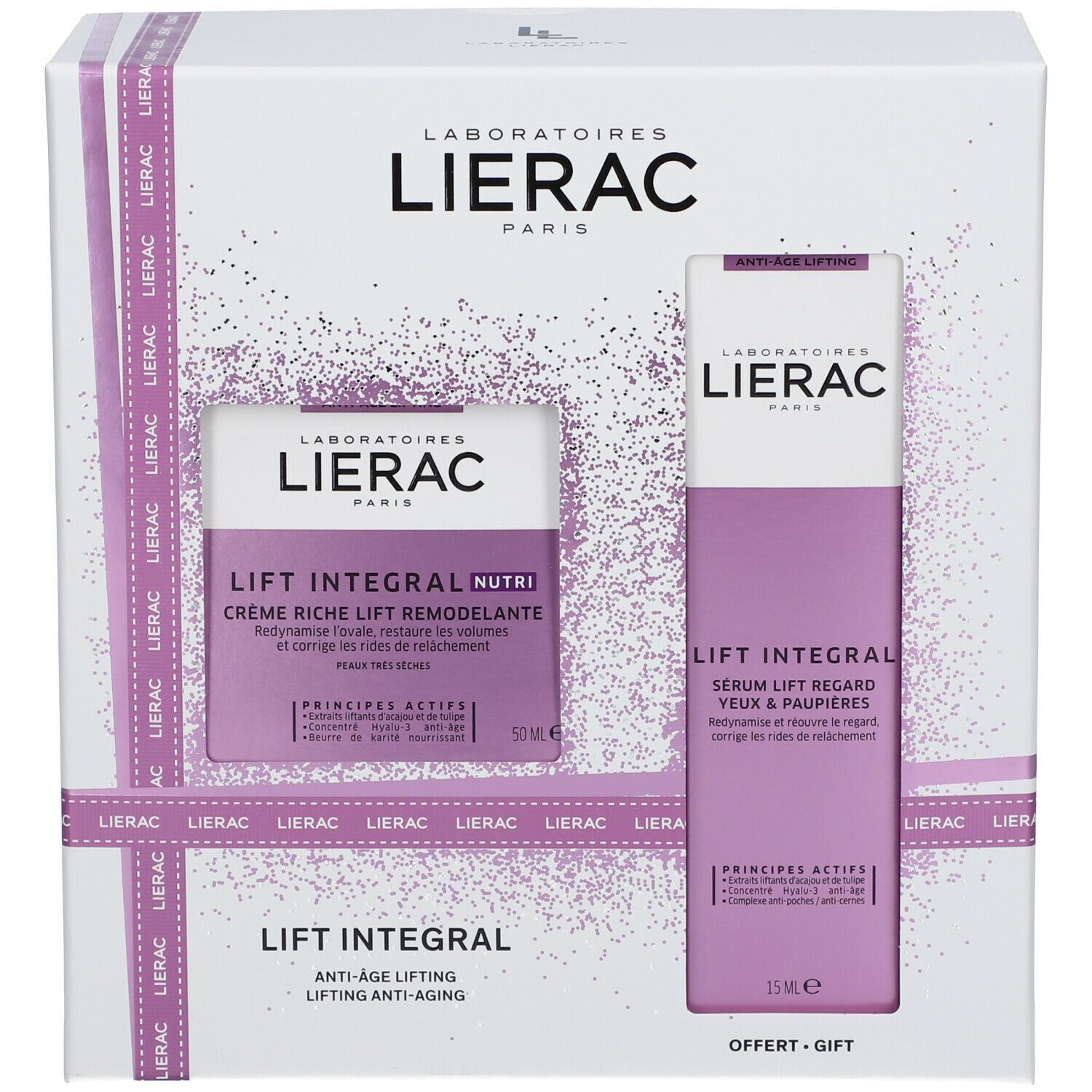 Geschenkset mit Creme und Serum. Lila und weißes Design. Produktnamen und Marke LIERAC sichtbar.