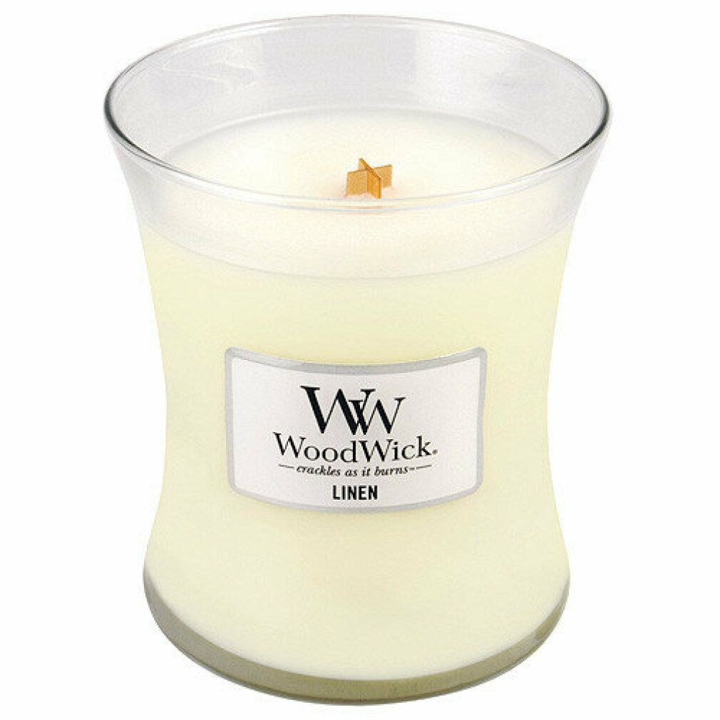 Sanduhrkerze mit Docht. Auf dem Etikett steht "Linen" und das WoodWick-Logo.