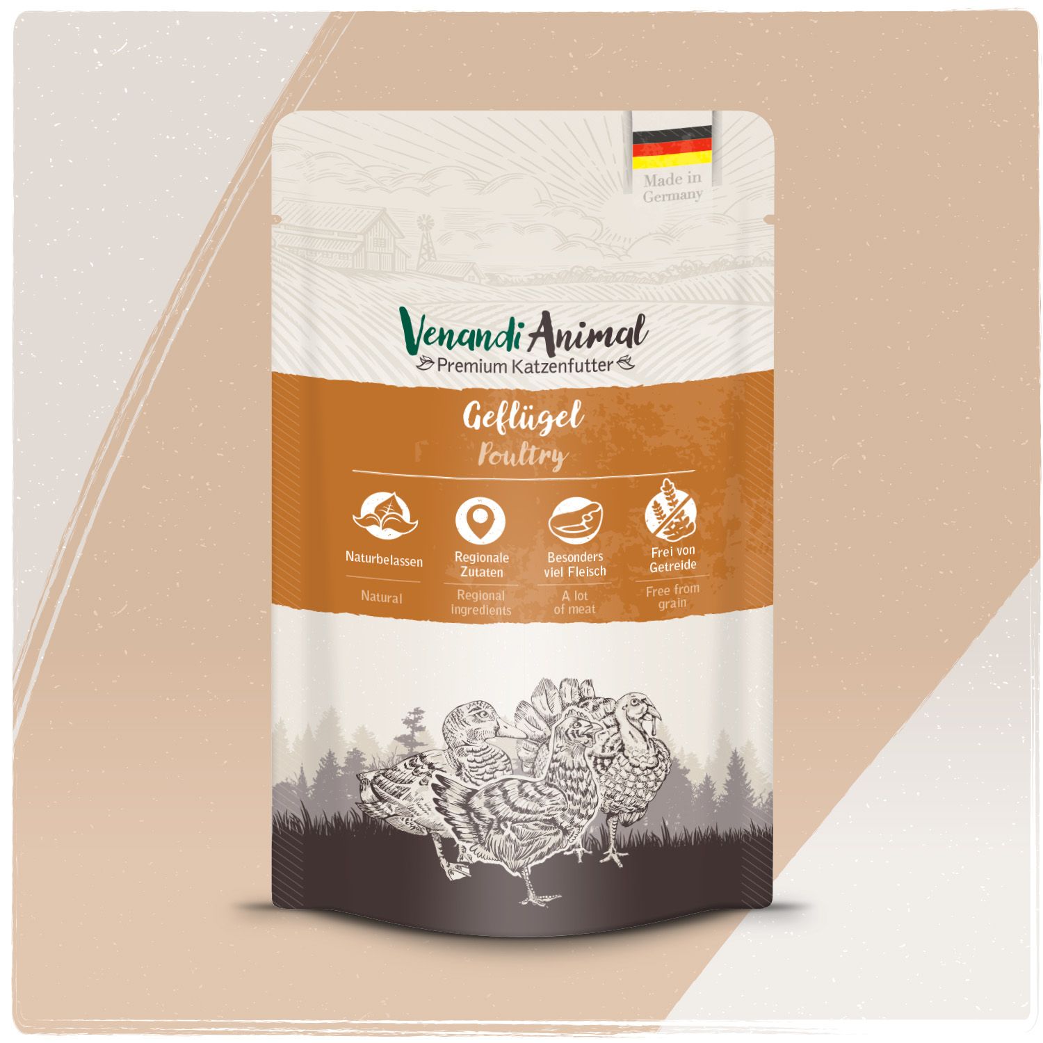 Venandi Animal Geflügel Premium Katzenfutter Beutel mit Abbildung von Geflügel. Made in Germany.