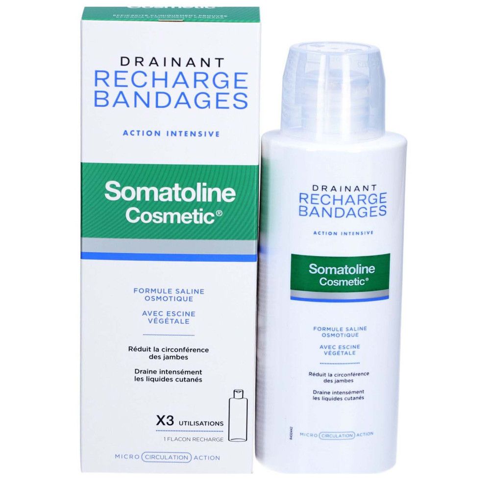 Produktverpackung und Flasche. Aufschrift: Somatoline Cosmetic, Drainant Recharge Bandages. Enthält Formel saline osmotique.