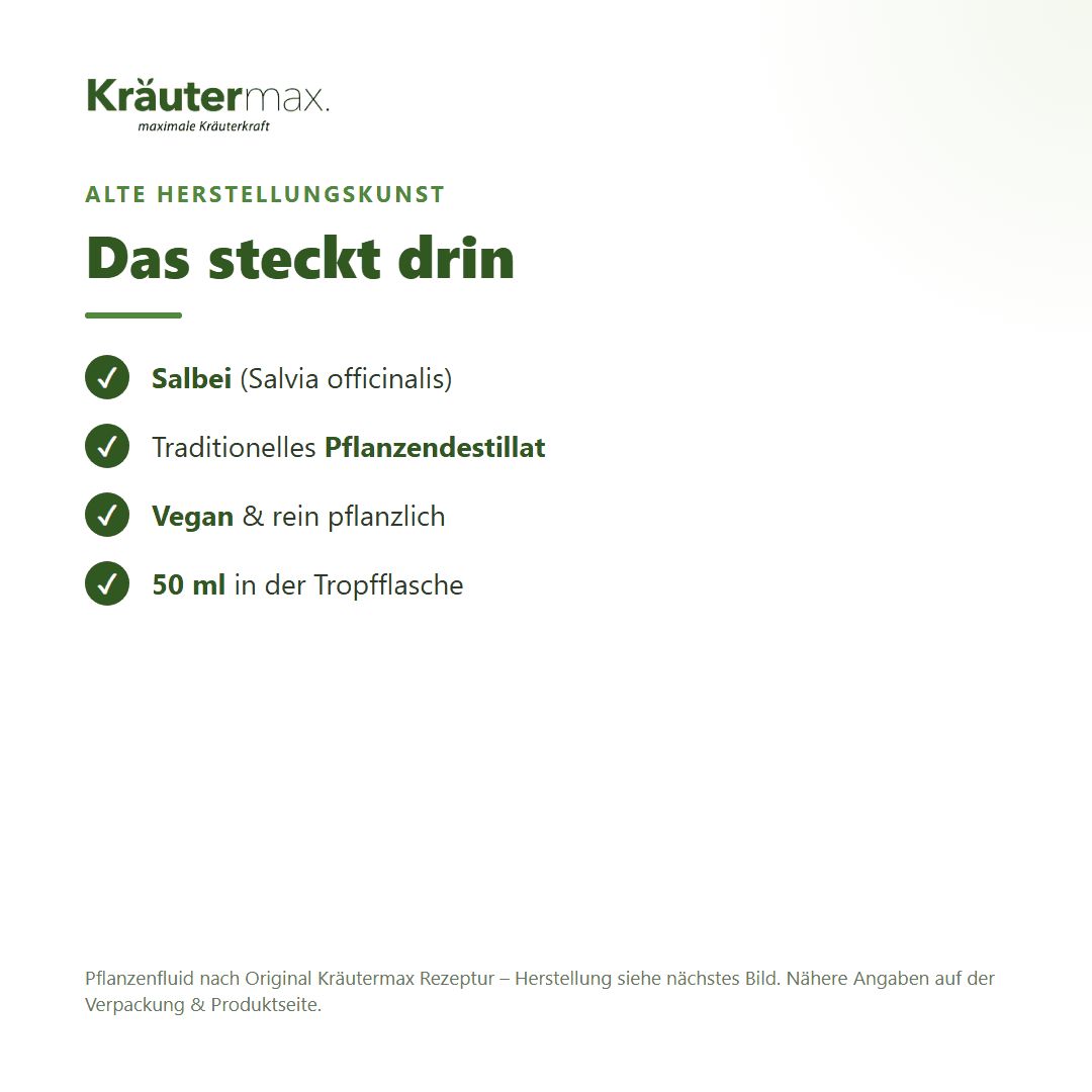 Infoboxen zu Kräutermax Salbei Fluid: Alte Herstellungskunst, Salbei, Traditionelles Pflanzendestillat, Vegan & rein pflanzlich, 50 ml in Tropfflasche.
