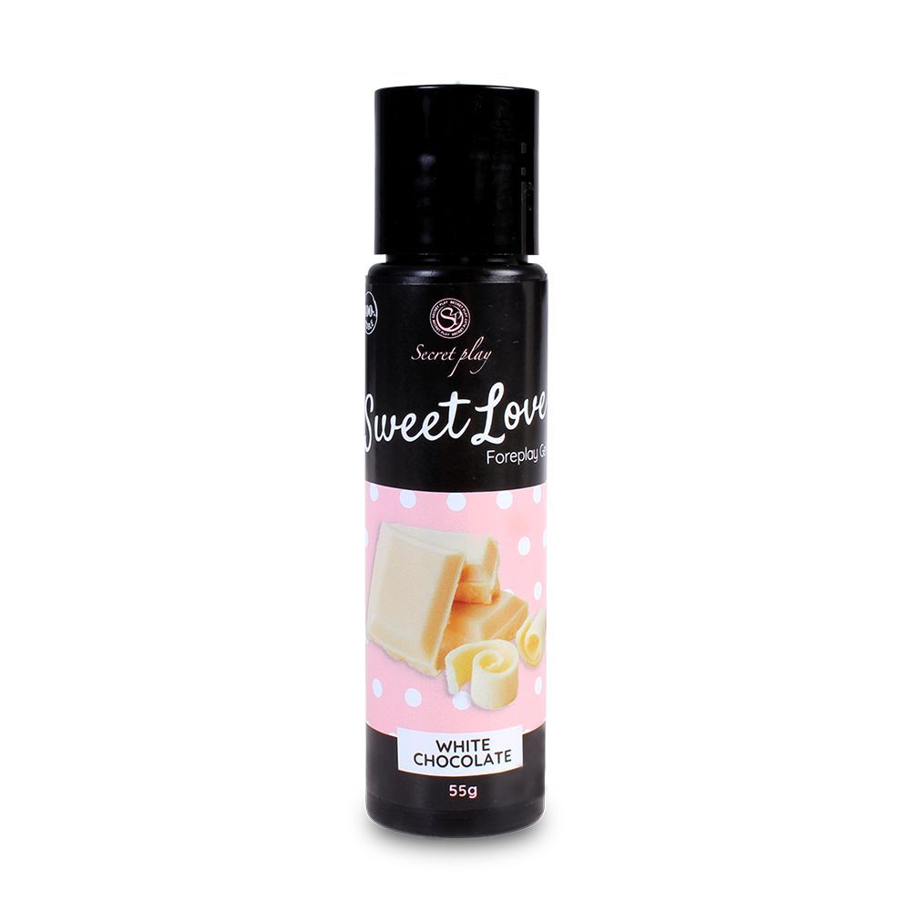 Schwarze Flasche mit weißem Etikett. Sweet Love Foreplay Gel. Abbildung von weißer Schokolade.