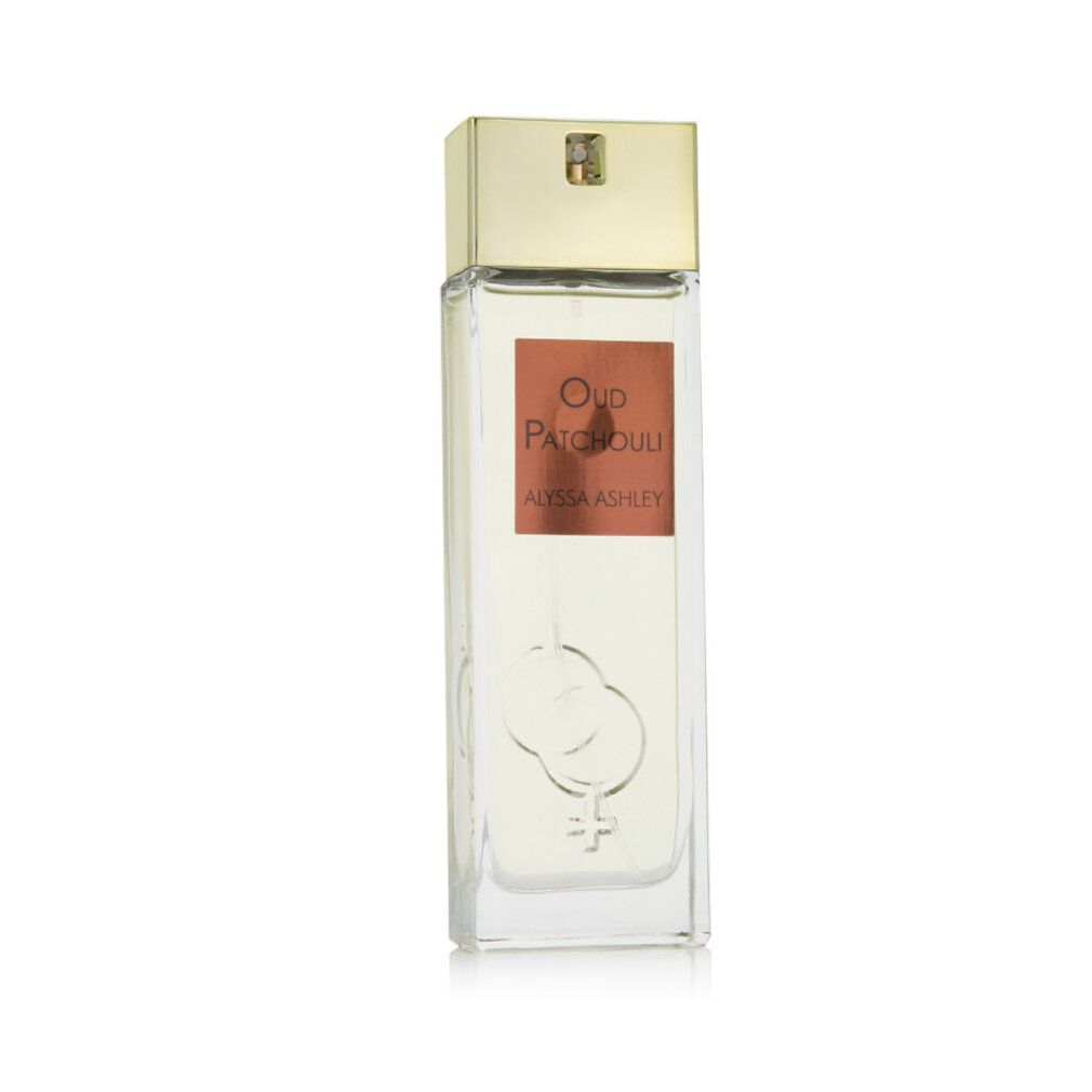 Parfümflakon mit braunem Etikett. Aufschrift: Oud Patchouli, Alyssa Ashley. Geschlechter-Symbol. Goldfarbener Deckel.