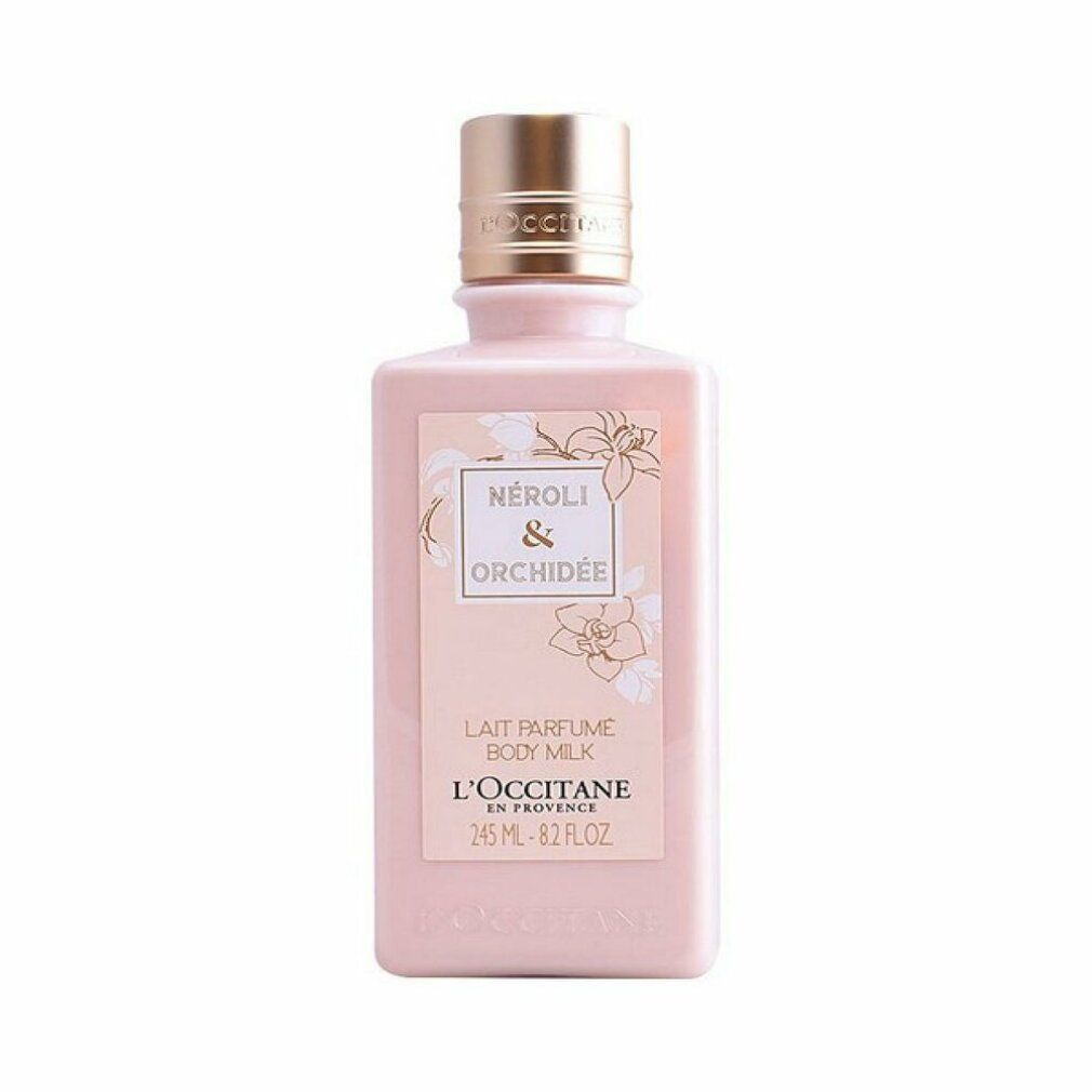 Rosa Körperlotion-Flasche mit goldfarbenem Deckel. Etikett mit "Néroli & Orchidée" und "Lait Parfumé Body Milk".