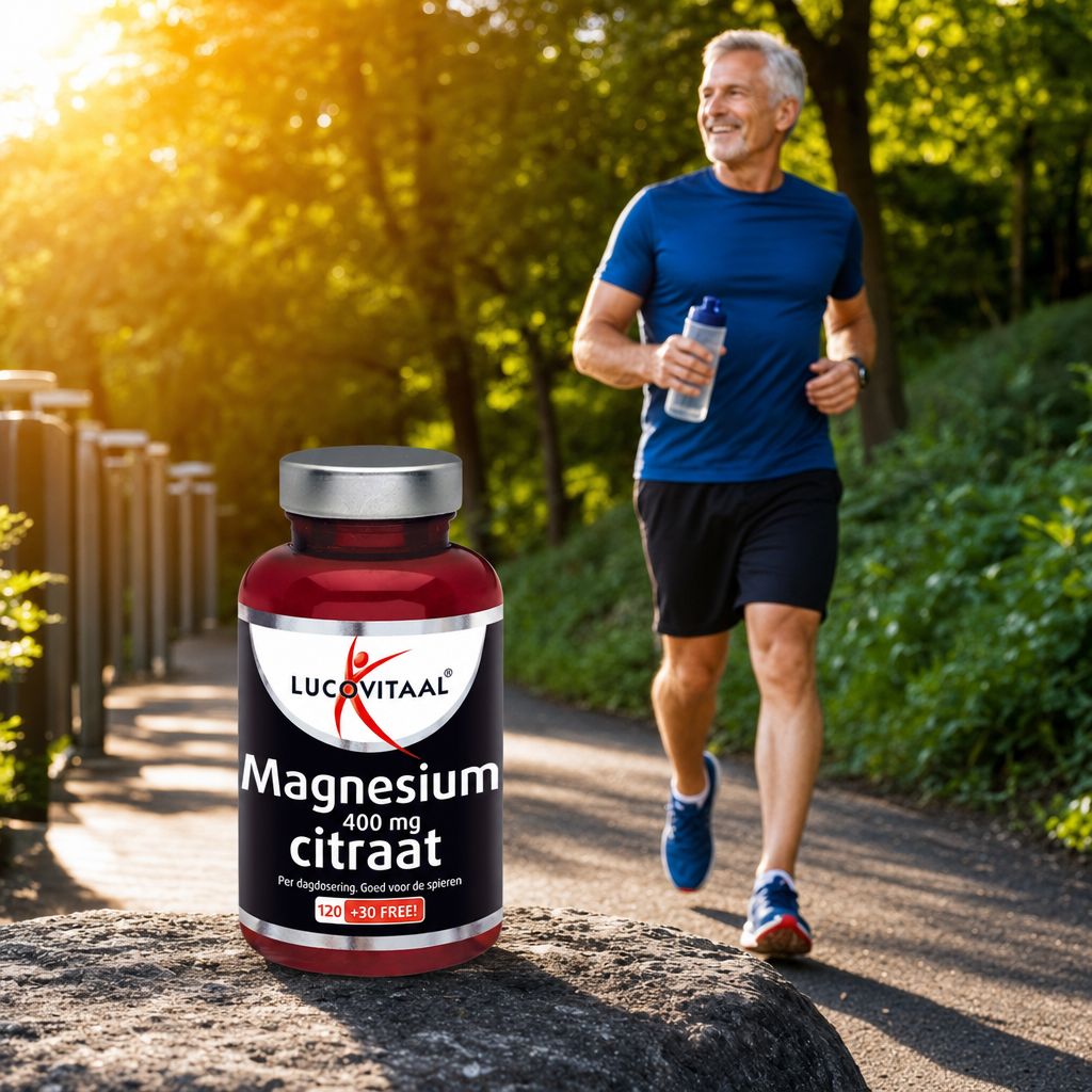 Dunkelrote Flasche mit Magnesiumcitrat 400 mg. Text: LUCOVITAAL, Magnesium citraat, 400 mg.