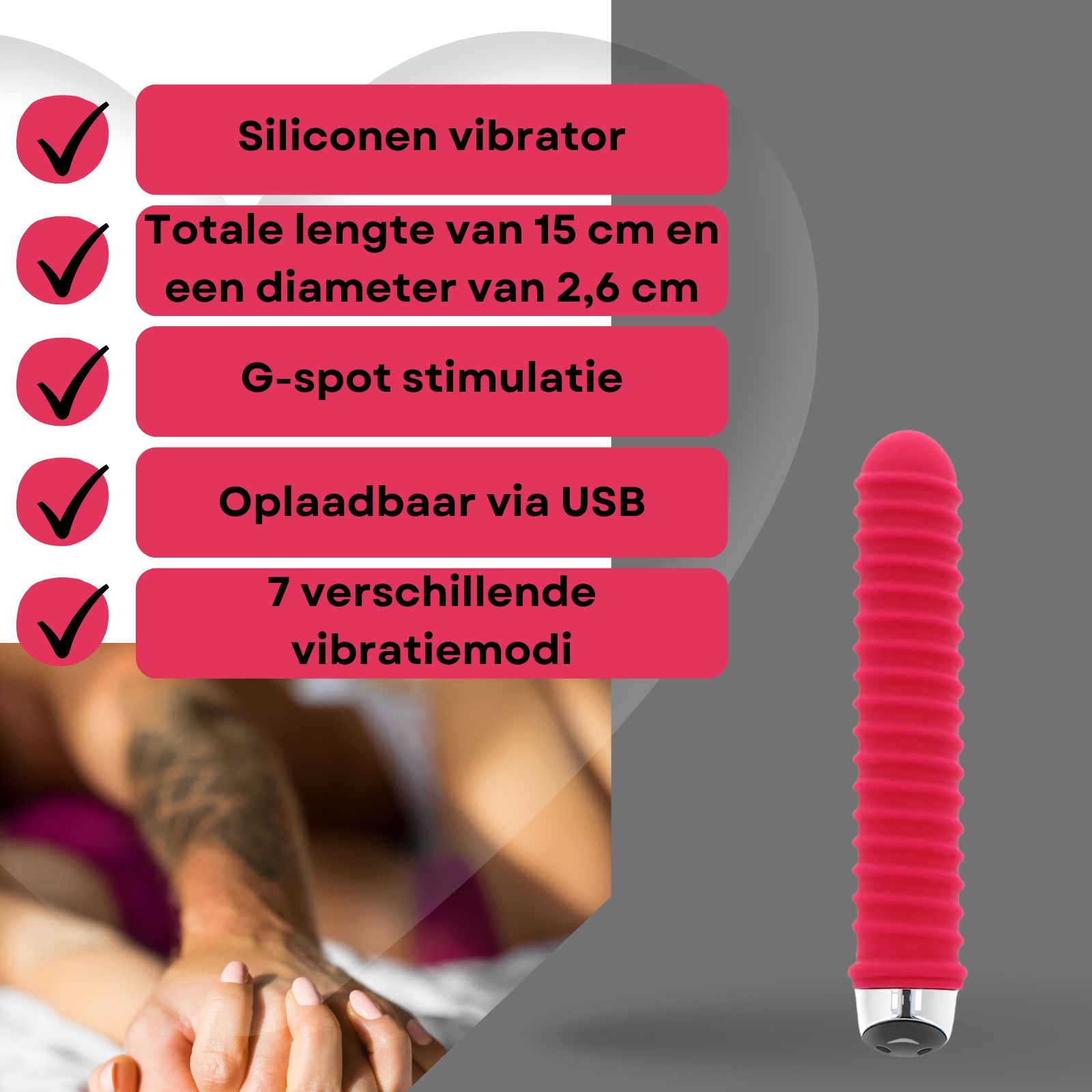 Rode vibrator met groeven. Tekst: Siliconen vibrator, 15cm, 2,6cm diameter, G-spot stimulatie, USB.
