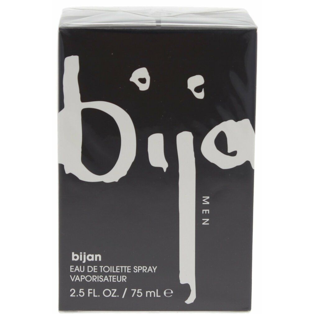 Schwarzer Karton mit weißem "bijan"-Logo und Text. "MEN" und Produktbezeichnung. 2.5 FL. OZ. / 75 ml.