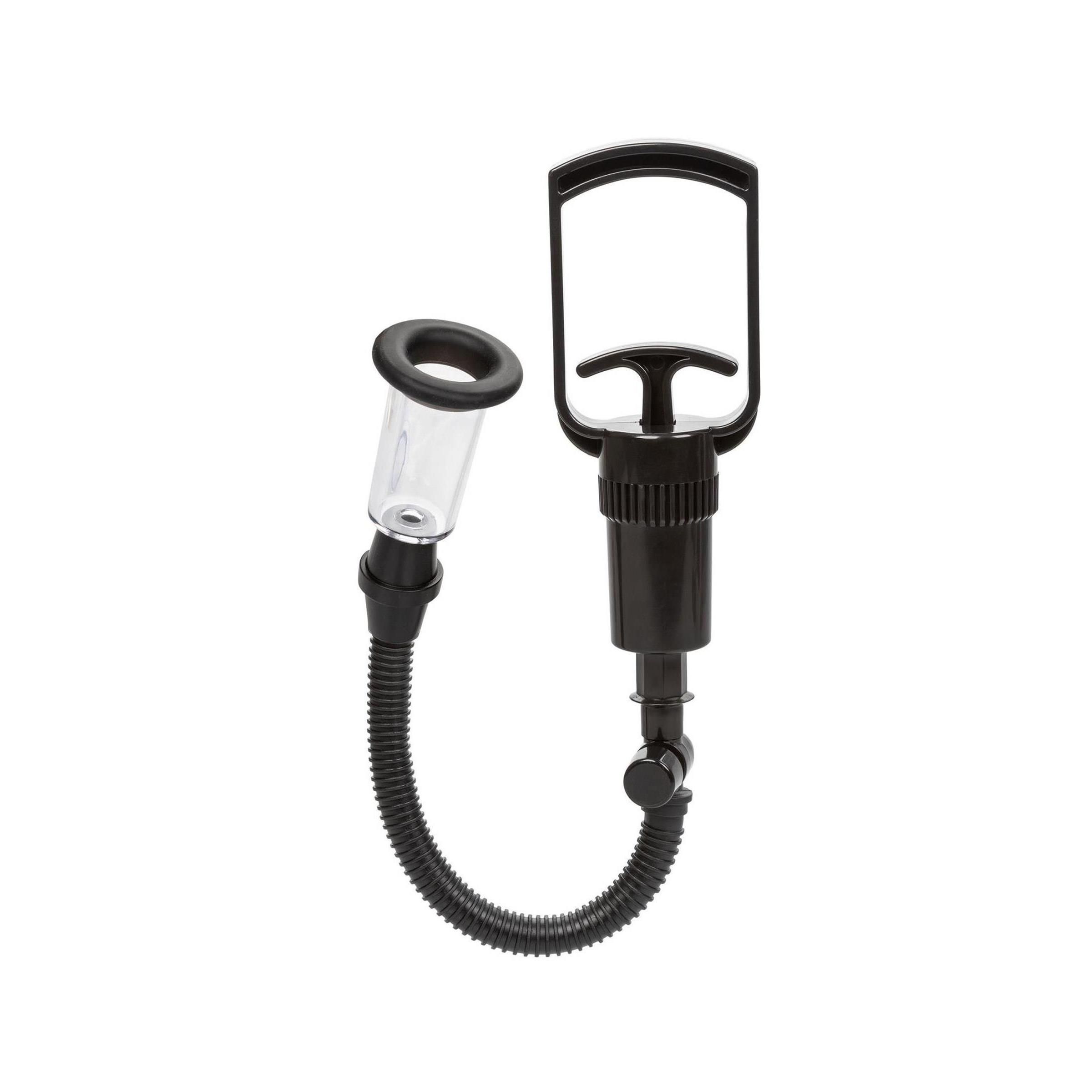 Schwarze Pumpe mit Schlauch und Zylinder. Transparenter Zylinder mit schwarzem Rand. Schwarzer Griff.